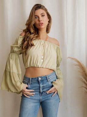 Off-Shoulder Celery Green Crop Top with Bell Sleeves